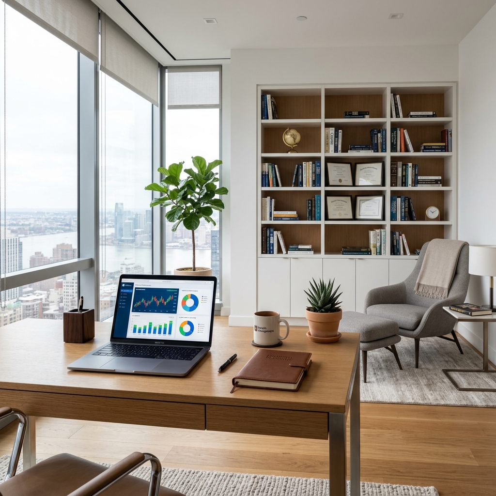 Apex Research Advisory office space with financial charts and analysis workspace